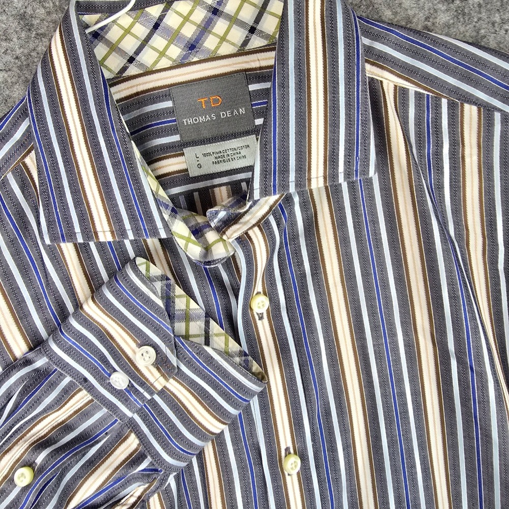 Thomas Dean Shirt Mens Large L Pima Cotton Striped Dress Button Up Long Sleeve